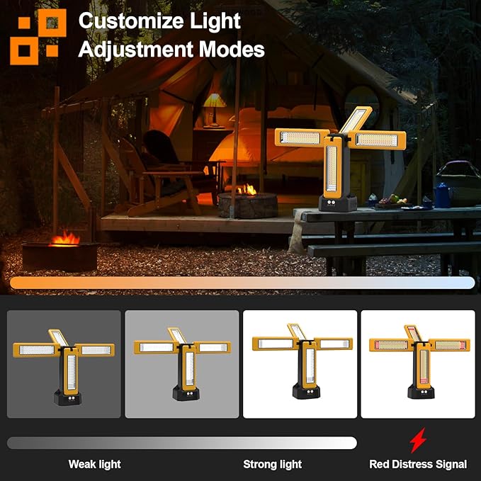 13200mAh Rechargeable Solar Work Light with Folding Stand Support and Portable Carrying Bag, 8000 Lumen Stepless Dimmable, 4 Lighting Modes, White/Warm/Warm White (Standard)