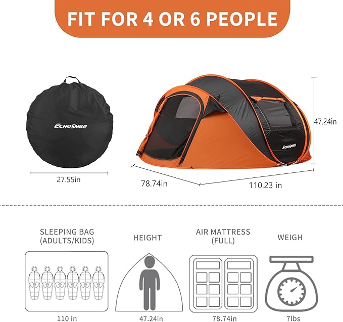 EchoSmile Camping Instant Pop Up Tent, 2/4/6/8/10 Person, Water Resistant Dome, Easy Setup for Camping Hiking and Outdoor, Portable with Carry Bag, 3 Season