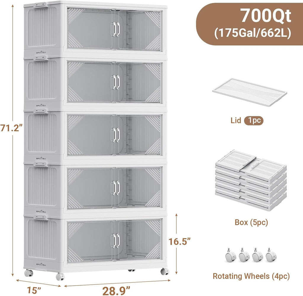 175Gal Plastic Stackable Storage Bins with Lid, 700QT Extra Large Closet Organizers Collapsible Cabinets Boxes With Drawers, Foldable Containers with 4x Wheels for Home Kitchen, V60 5Pack White