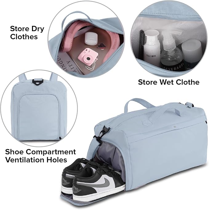 Sports fitness Gym Bag for Women, Yoga Swim Workout Travel Duffel Overnight Shoulder Bags with Shoe Compartment and Wet Pocket Ladies Weekend Carry on Luggage Dance College Blue