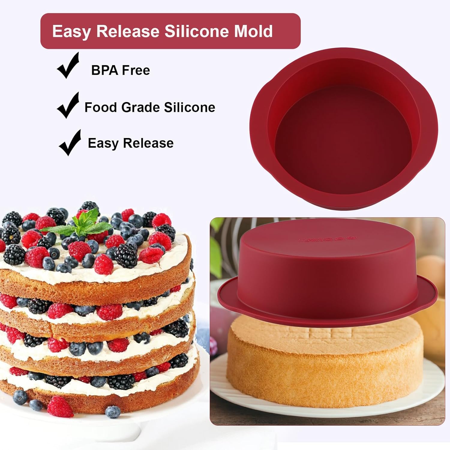 Nalchios 6 inch Silicone Round Cake Pans Set of 3, Non-stick Easy Releasing Mini Cake Pans, Flexible BPA Free Silicone Baking Mold Pans for Layer Cake, Mini Cake Pizza, Cheese Cake, Chocolate Cake