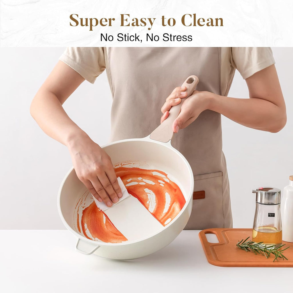 Nonstick Ceramic Deep Frying Pan, 12 Inch Non Toxic Large Skillet with Lid, 5 Qt Healthy Jumbo Cooker, Saute Pan for Cooking, Induction Cookware, PFOA & PFAS Free (Cream)