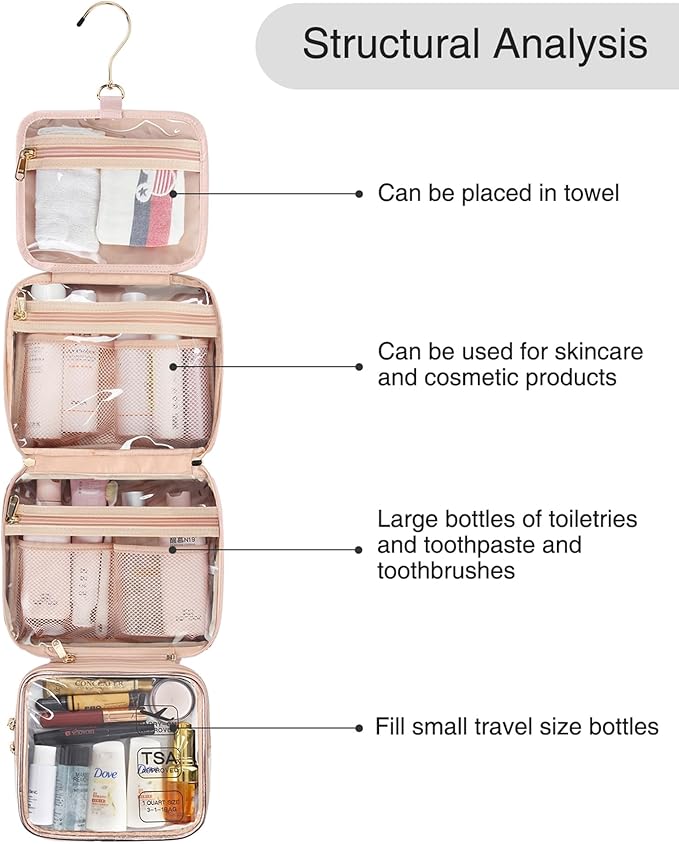 Travel Makeup Bag Hanging Toiletry Bag for Women Men TSA Approved Clear Bag Toiletries Waterproof Cosmetic Bag Toiletry Bag Travel Toiletry Organizer for Bathroom Shower, Rose Gold
