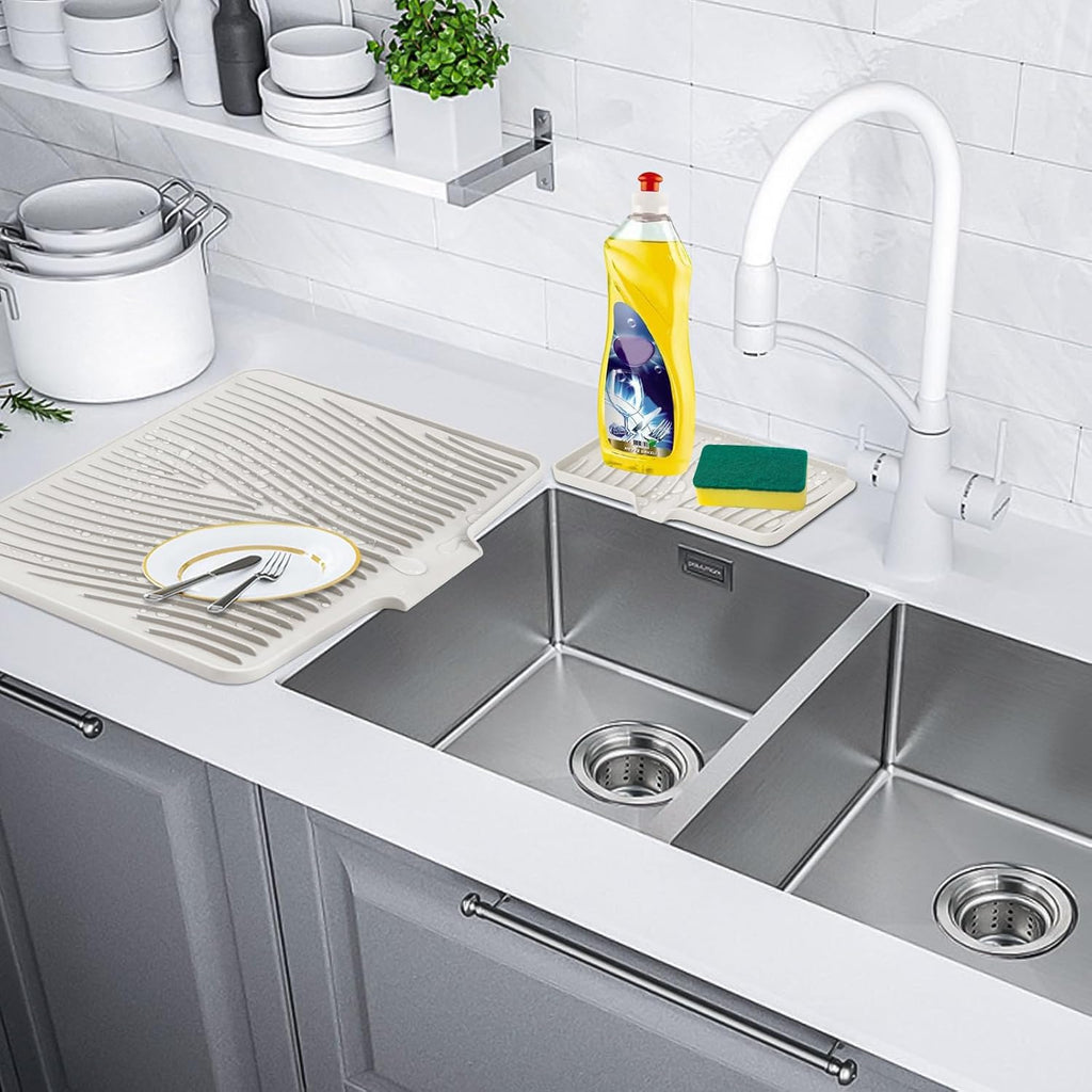 Silicone Dish Drying Mat for Kitchen Counter, Dish Drying Pad, Non-Slip Drain Pad with Built-in Drain, Heat Resistant Stone Drying Mat, 1 set XL(Cream)