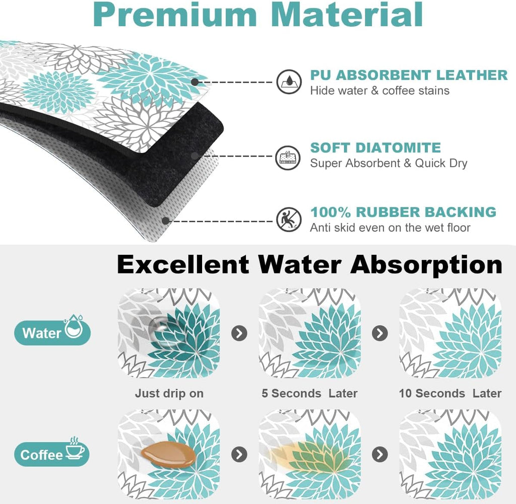 Findosom 2PCS 12" x 20" Dish Drying Mat & 24" x 5.5" Sink Splash Guard, Super Absorbent & Cuttable Dish Mat Drying Kitchen Mat with Teal Floral, Hide Stain Drying Mat for Kitchen Counter