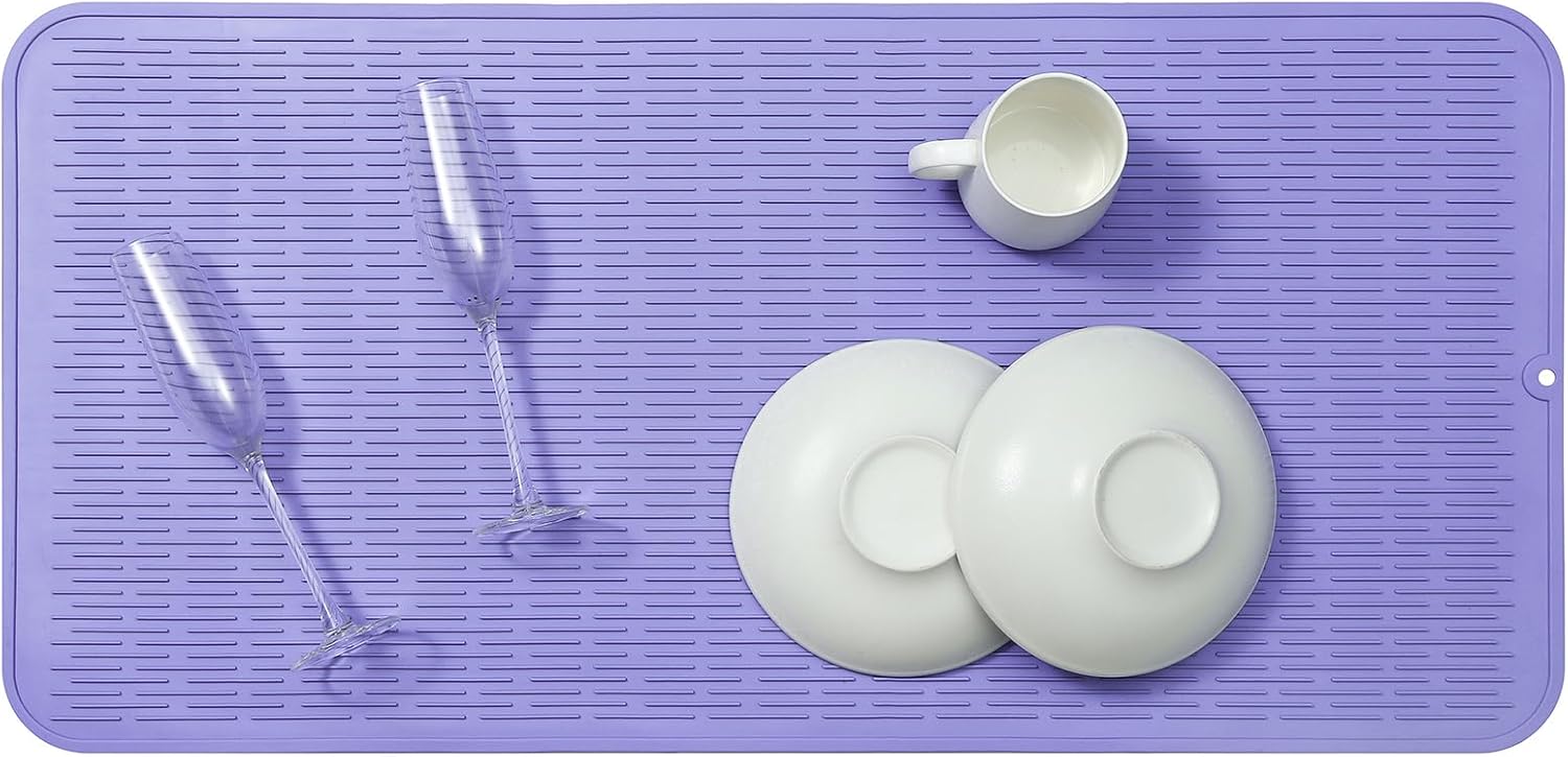 Silicone Dish Drying Mat for Multiple Usage,Easy clean,Eco-friendly,Heat-resistant Silicone Mat for Kitchen Counter or Sink,Refrigerator or Drawer Liner Light Purple 5XL 36inches x 18inches