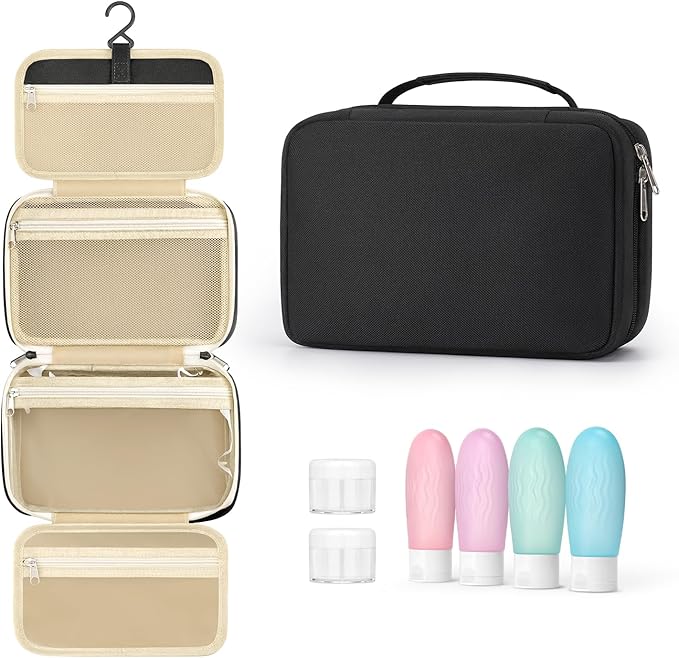 Toiletry bag for women with travel size containers set, hanging toiletry bag for full Size toiletries, Skincare, Shampoo, Makeup Cosmetic Bag Travel Organizer, Water-resistant toiletry bag