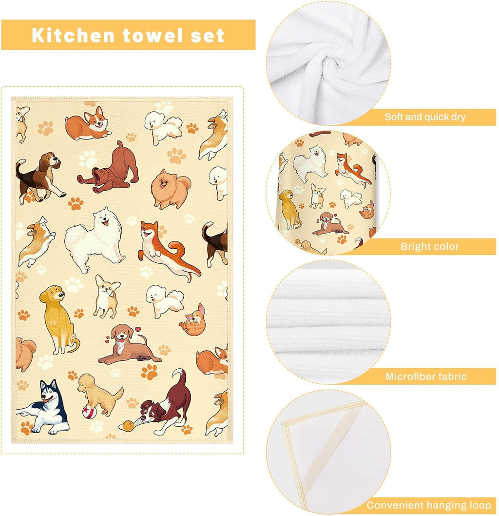 Cute Dogs Kitchen Towels and Oven Mitts Set 4Pcs, Soft Absorbent Dish Cloth Heat Resistant Oven Gloves for Cooking Baking Kitchen Decoration, Gifts for Her