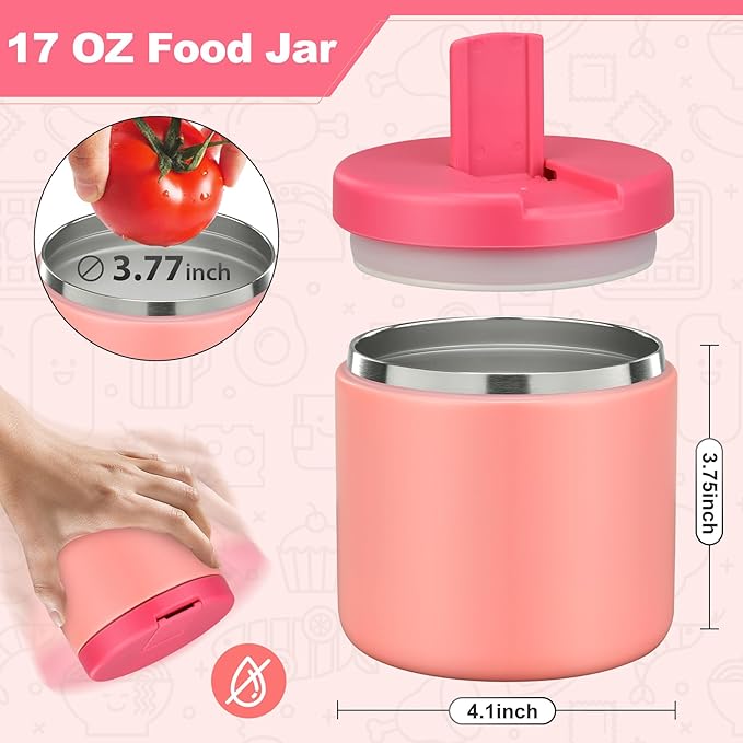17 OZ Soup Thermo for Hot Food Insulated Vacuum Food Jar with Buckle Lid, Stainless Steel Wide Mouth Leak Proof Lunch Container for School Travel Pink