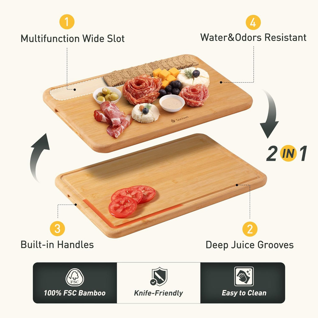 2 Packs Natural Wood Cutting Board Set Non Toxic Bamboo Cutting Boards with Juice Groove Wooden Chopping Board Ideal Charcuterie for Meat Fruit Vegetables Cheese Hardwood Kitchen Counter Kit