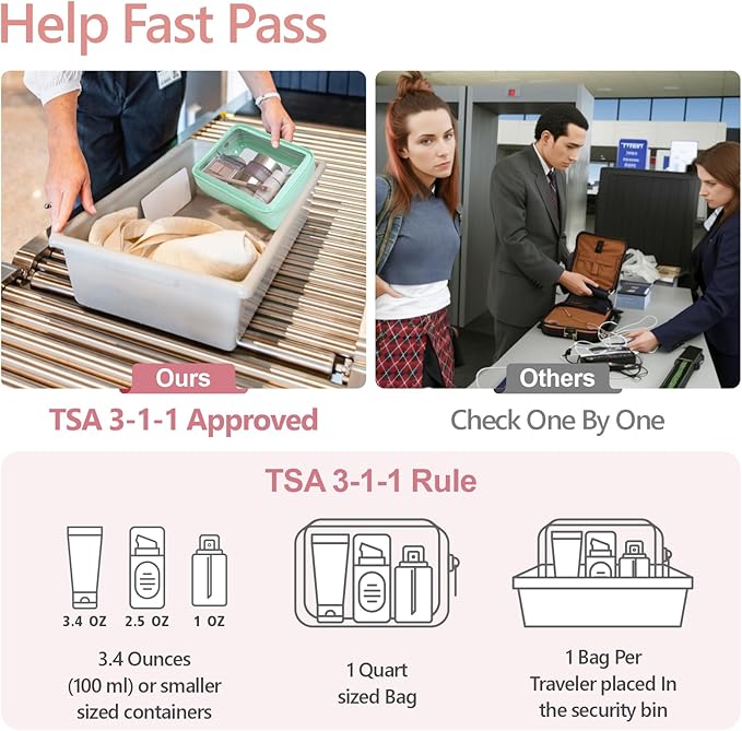 PACKISM TSA Approved Toiletry Bag - Amazing Color-Edged Clear Makeup Bag, 3 Pack in Spacious Space, Reusable Clear Toiletry Bags with Great Value, Green