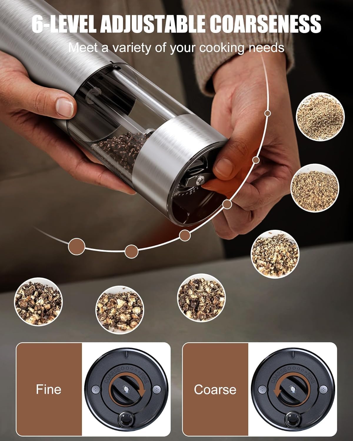 GiveBest Electric Salt and Pepper Grinder Set – Rechargeable Stainless Steel Mills, 100 ml Automatic Shakers Set with 6-Level Adjustable Coarseness and Light, Upgraded Larger Capacity