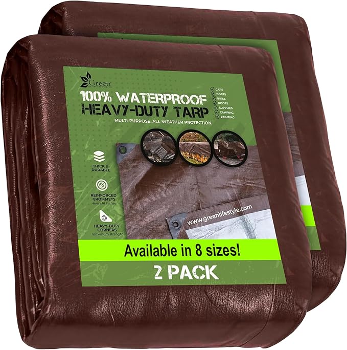 Tent Footprints Tarp Cover Brown/Silver Heavy Duty Thick Material Water Proof Tear Proof UV Resistant Reinforced Edges for Camping Boat Tent RV or Pool Cover 8x10 (2-Pack)