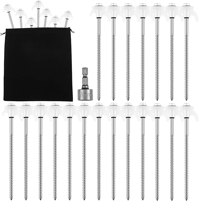 20 Pcs 8" Screw in Tent Stakes Heavy Duty Tent Stakes Drillable Ground Anchors Screw Metal Tent Pegs Threaded Tent Spikes with Head Driver for Swing Inflatable Decor (Illuminant White)