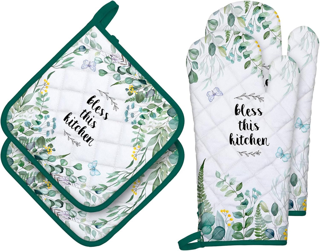 Eucalyptus Leaf Oven Mitts and Pot Holders Sets 4Pcs, 100% Cotton Heat Resistant, Extra Long Oven Gloves Potholder for Kitchen Cooking Baking Decoration