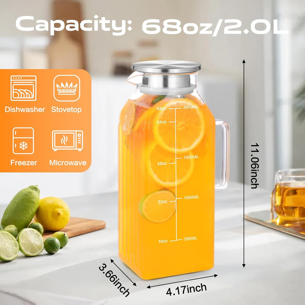 2 Liters/68oz 2 Pack Square Glass Pitcher with Lid and Handle for Bridge Door, Aofmee Borosilicate Glass Heat Resistant Dishwasher Safe Iced Tea Jar, Carafe with Scale Line for Hot/Cold Beverage