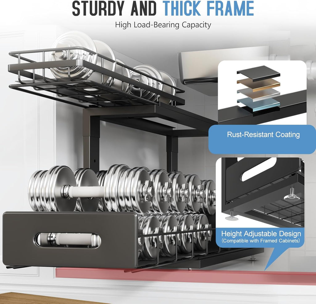 2 Pack 18 IN Depth Under Sink Organizer with Smooth Ball Bearing Slides,2-Tier Pull Out Cabinet Storage,Slide Out Drawers for Bathroom&Kitchen,Rust-resistant Coating,Height Adjustable-Black