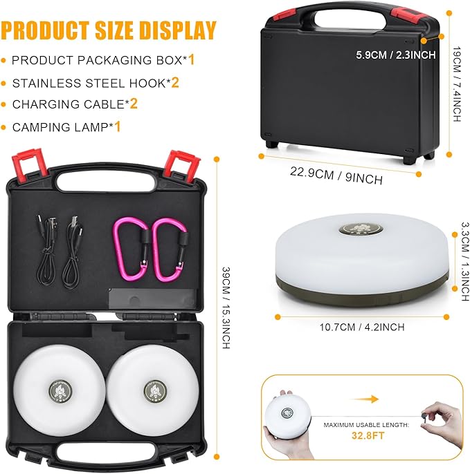 2 Pieces Camping String Lights - Outdoor String Lights with 8 Modes, Type-C Fast Charging, Durable & Waterproof for Camping, Party, and Christmas, with Storage Case (32.8ft-2pcs)