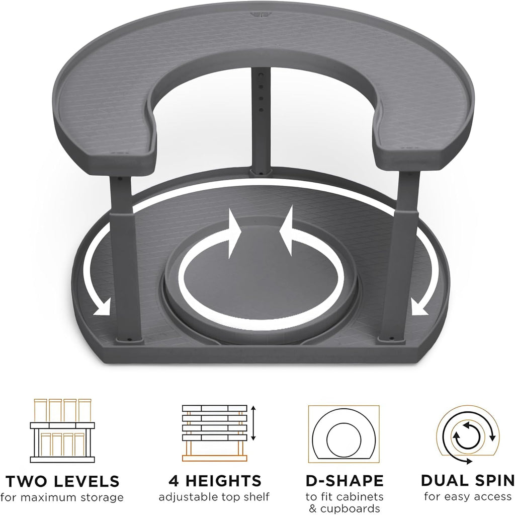2-Tier Spice Rack Organizer for Cabinet | Rotating Lazy Susan Spice Organizer Holds 40 Spice Jars | Countertop & Pantry Spice Shelf for Kitchen Organization & Storage (Gray)