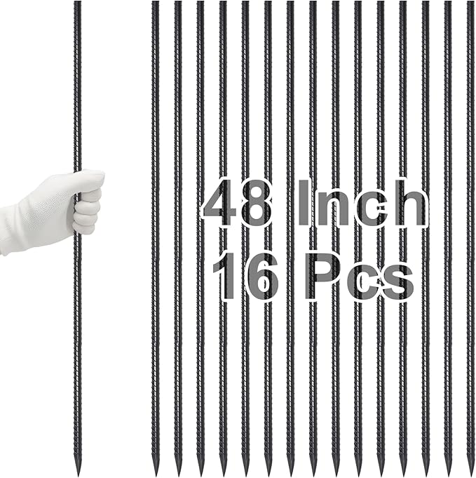 VVOKGO 48 Inches 16Pcs Steel Rebar Stakes with Chisel Point End, Heavy Duty Straight Landscpe Timber Spikes Metal Garden Camping Plant Support Garden Stakes Anti Rust Black