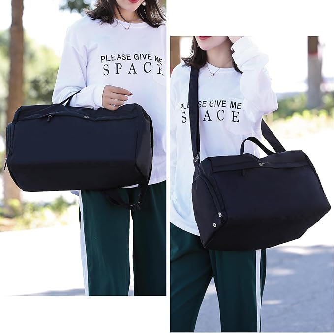 Sports Gym Bag for Women, Travel Workout Duffel Bag Overnight Shoulder Bag with Shoes Compartment and Wet Pocket Lightweight Weekend Bag Waterproof Black