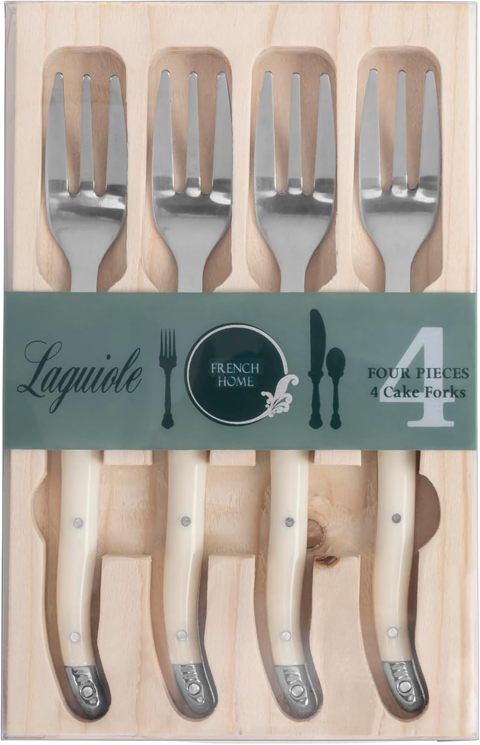 French Home Laguiole 4-Piece Cake Forks Set – Sophisticated Stainless Steel Forks with Ivory-Colored Handles – Laguiole Flatware Set for Cake, Fruit, or Appetizers (6.75")