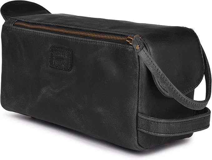 LEATHER VILLAGE Premium Leather Travel Toiletry Bag - Unisex Water-Resistant Travel Dopp Kit, Shaving & Cosmetic Organizer for Men & Women - Compact Bathroom Essentials - Distressed Black