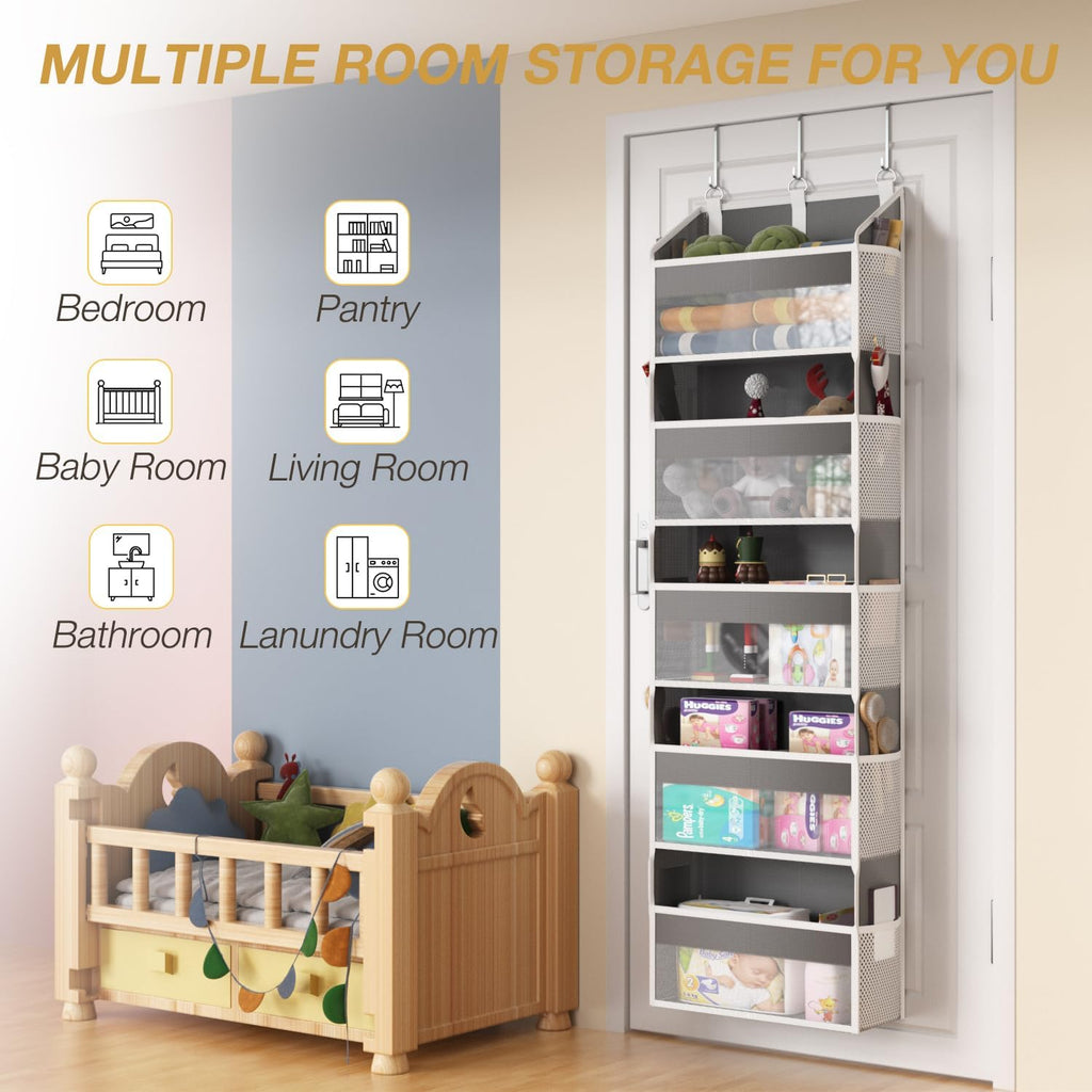 Over the Door Organizer with 5 Front & 10 Mesh Side Pockets, 50LB Capacity Extra Large Hanging Storage Organizer Multi-Room Space-Saving Design with 3 Sturdy Hook for Closet, Bathroom, Kitchen, Pantry