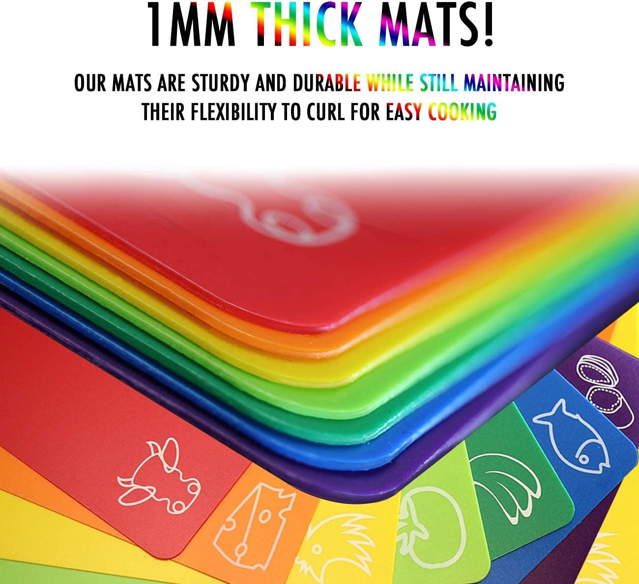 Cutting Board Mats Flexible Plastic Colored Mats with Food Icons, Fotouzy BPA-Free, Non-Porous, Anti-skid back and Dishwasher Safe, Set of 7 Rainbow - 7 Pieces