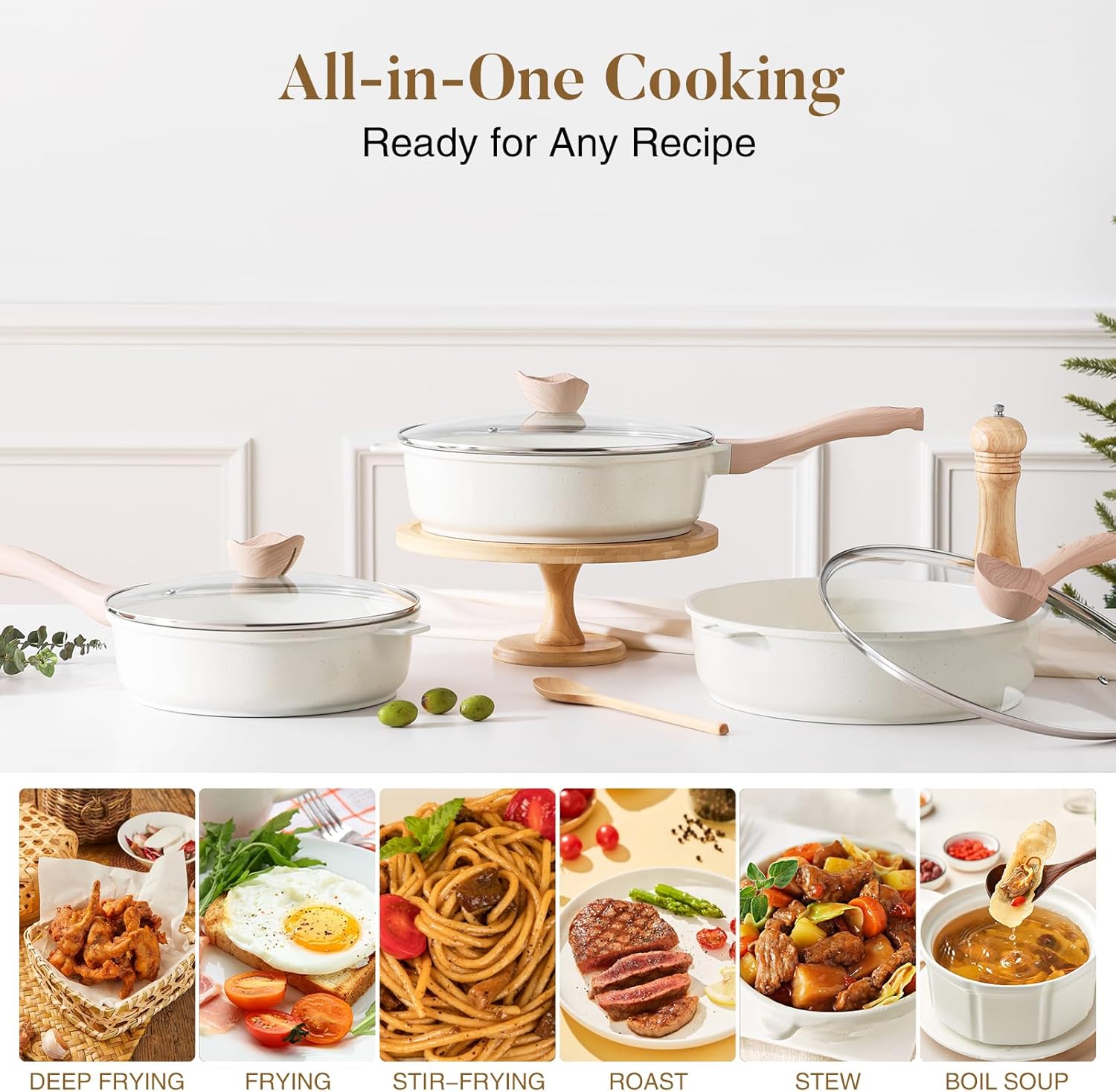 Nonstick Ceramic Deep Frying Pan, 11 Inch Non Toxic Skillet with Lid, Healthy Jumbo Cooker, Saute Pan for Cooking, Induction Cookware, PFOA & PFAS Free (Cream)