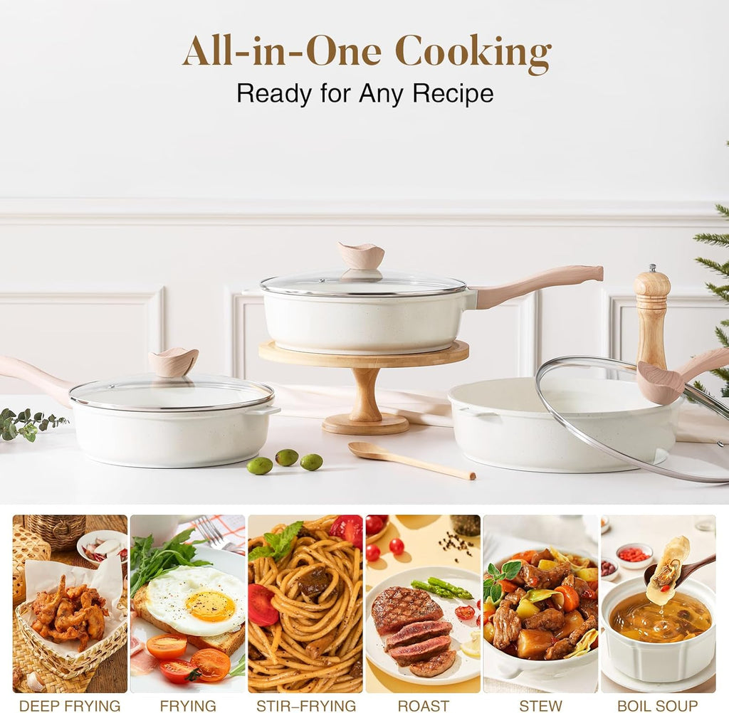 Nonstick Ceramic Deep Frying Pan, 10 Inch Non Toxic Skillet with Lid, Healthy Jumbo Cooker, Saute Pan for Cooking, Induction Cookware, PFOA & PFAS Free (Cream)