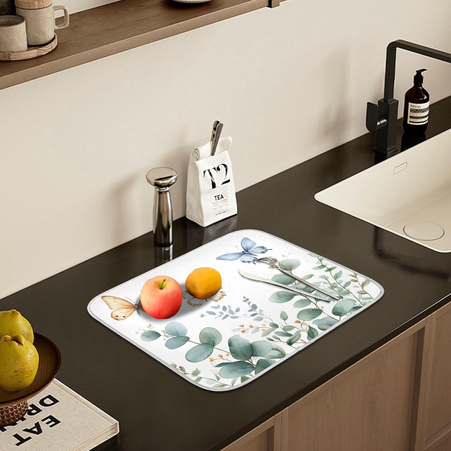 Spring Eucalyptus Green Leaf Dish Drying Mat for Kitchen Counter Absorbent Microfiber Large Drying Pad Dish mats for Kitchen Countertops 18 x 24 Inch