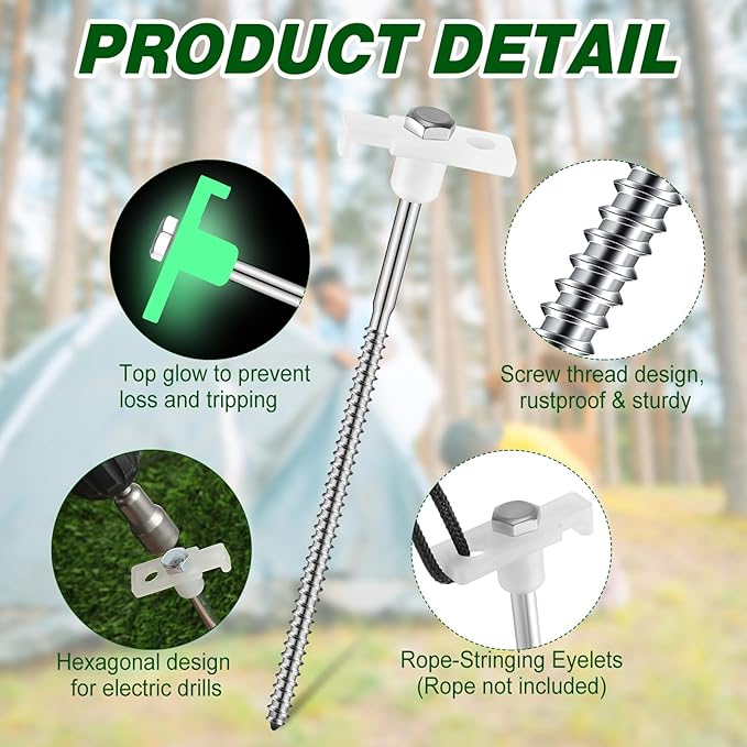 Tandefio 10 Pcs 8 Inch Screw in Tent Stakes Heavy Duty Drill in Ground Anchor Pegs Metal Stakes Screws Hex Pegs Drillable Camping Threaded Tent Spike with Hex Head Driver (Illuminant White)