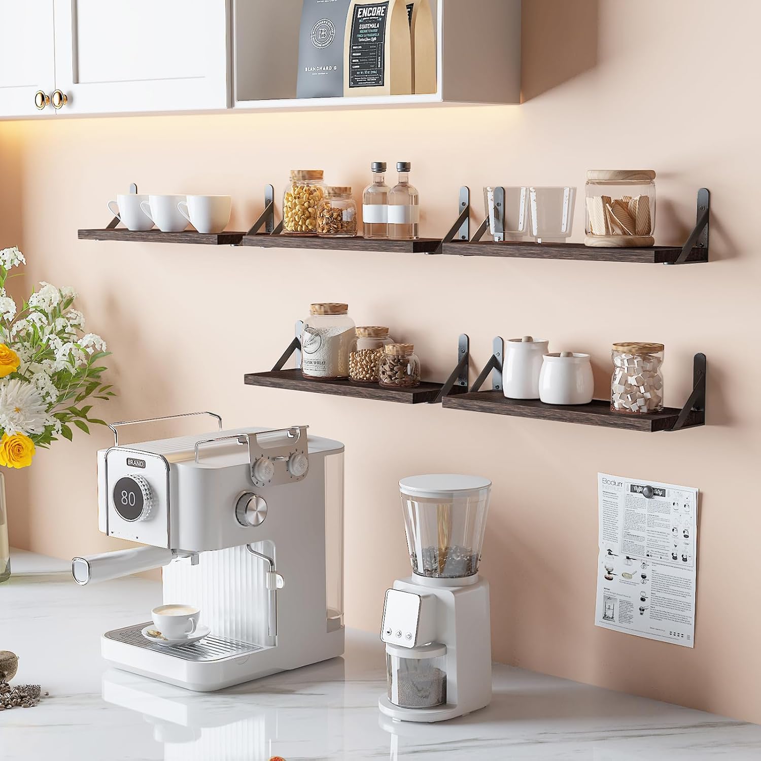 YGEOMER 16.5 Inch Floating Shelves for Wall, Farmhouse Wall Shelves for Bedroom, Bathroom Storage, Living Room and Kitchen Decor (Set of 6 Brown)