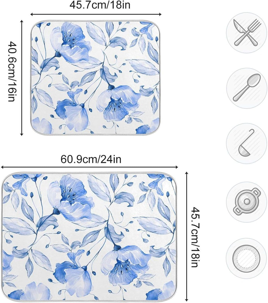 Spring Blue Flowers Leaves Dish Drying Mat for Kitchen Counter Absorbent Microfiber Drying Pad, Large 18x24 in, Reversible Drainer Mats