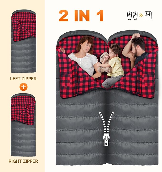 Flannel Sleeping Bag 0 Degree Cold Weather for Adults XXL Sleeping Bag 4 Season Big and Tall with Compression Sack