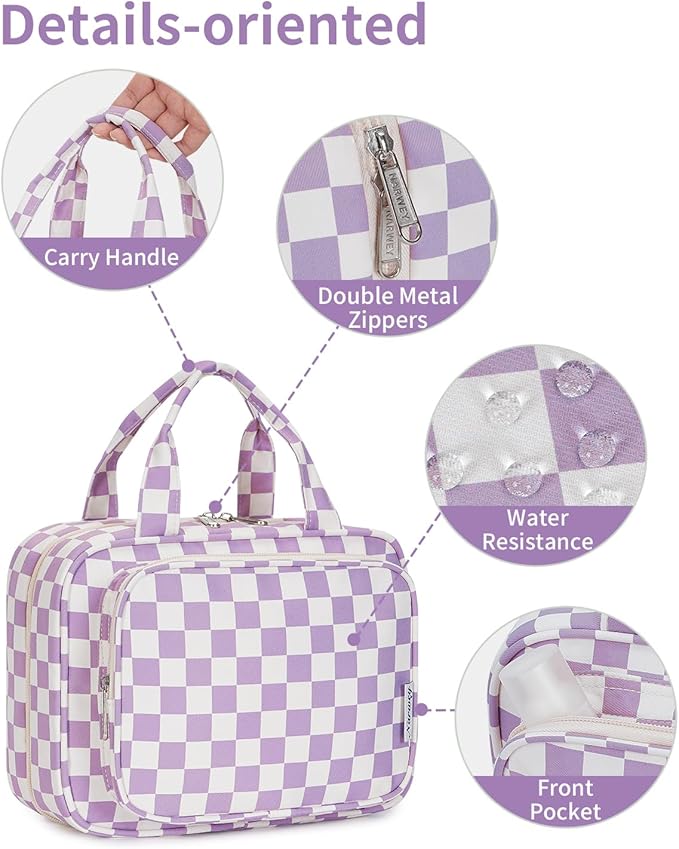 Narwey Hanging Toiletry Bag for Women Travel Makeup Bag Organizer Toiletries Bag for Travel Size Essentials Accessories Cosmetics (Purple Checkerboard (Medium))