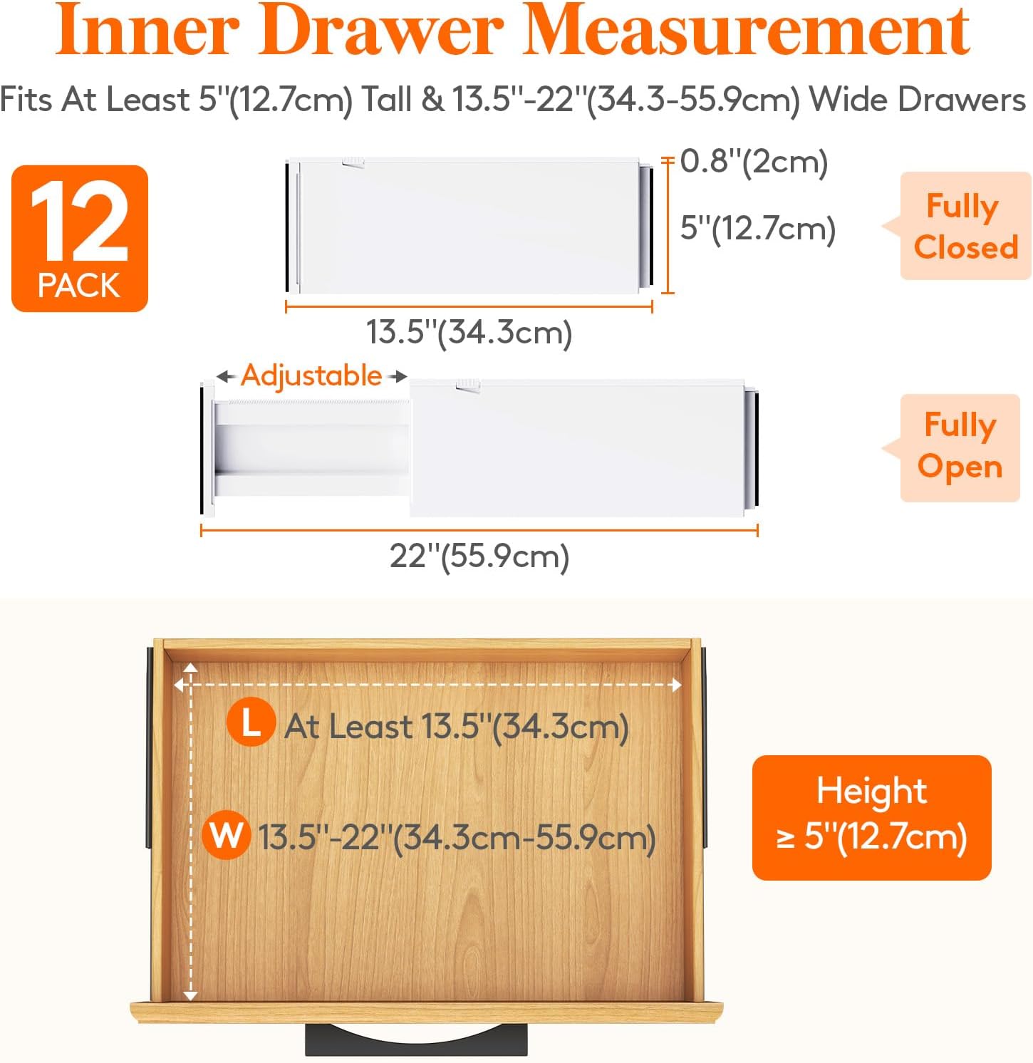 Lifewit 12 Pack Drawer Dividers Plastic 5" High, 13.5-22" Adjustable Drawer Organizers for Clothes, Expandable Dresser Separators in Bedroom/Bathroom/Kitchen/Fridge/Office Organization and Storage