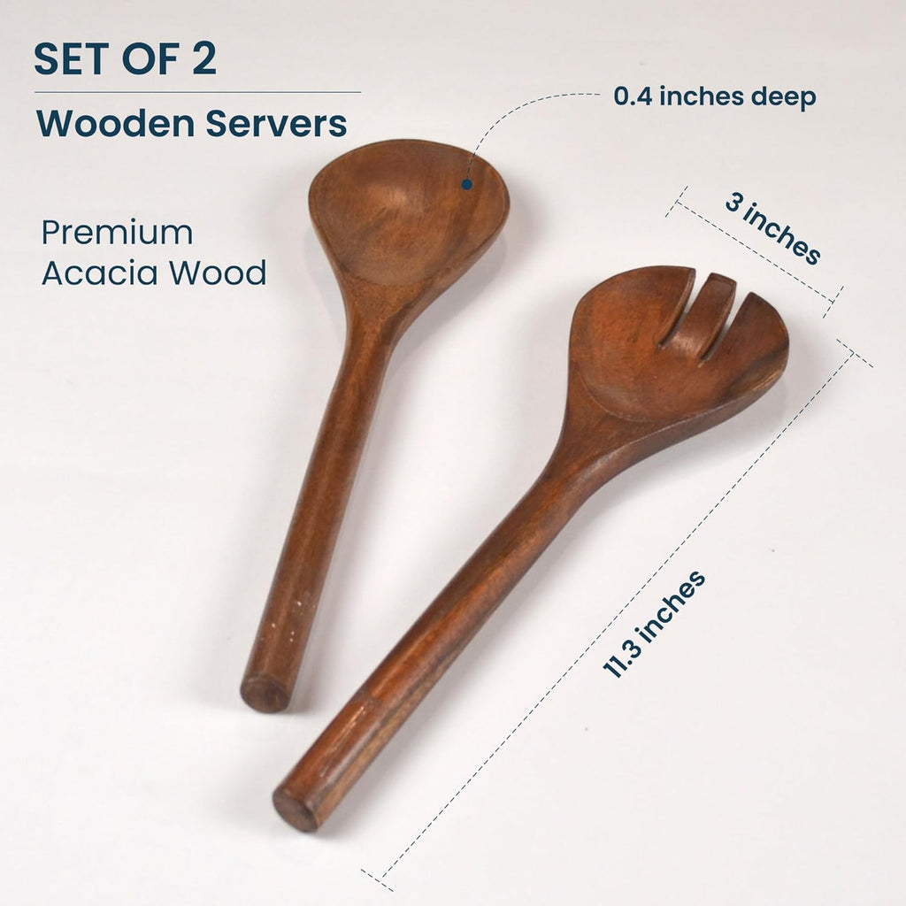 The Fine Living Co. Acacia Salad Servers, 11 Inches Wooden Spoon, Handcrafted Kitchen Utensils for Mixing, Tossing, Cooking (2-Piece Set, Walnut)