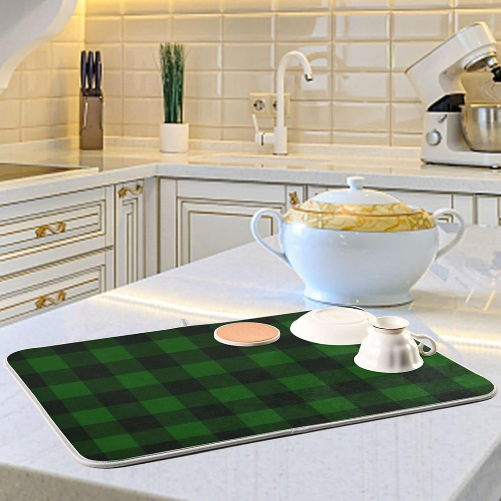 Senya Super Absorbent Dish Drying Mat, Microfiber Fast-Drying Dish Mat, 16/in x 18/in, Kitchen Dish Drying Pad Vintage Hunter Green Plaid
