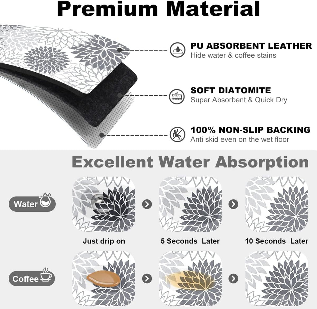 Findosom 2PCS 17" x 32" Dish Drying Mat & 24" x 5.5" Sink Splash Guard, Super Absorbent & Cuttable Dish Mat Drying Kitchen Mat with Gray Floral, Hide Stain Drying Mat for Kitchen Counter