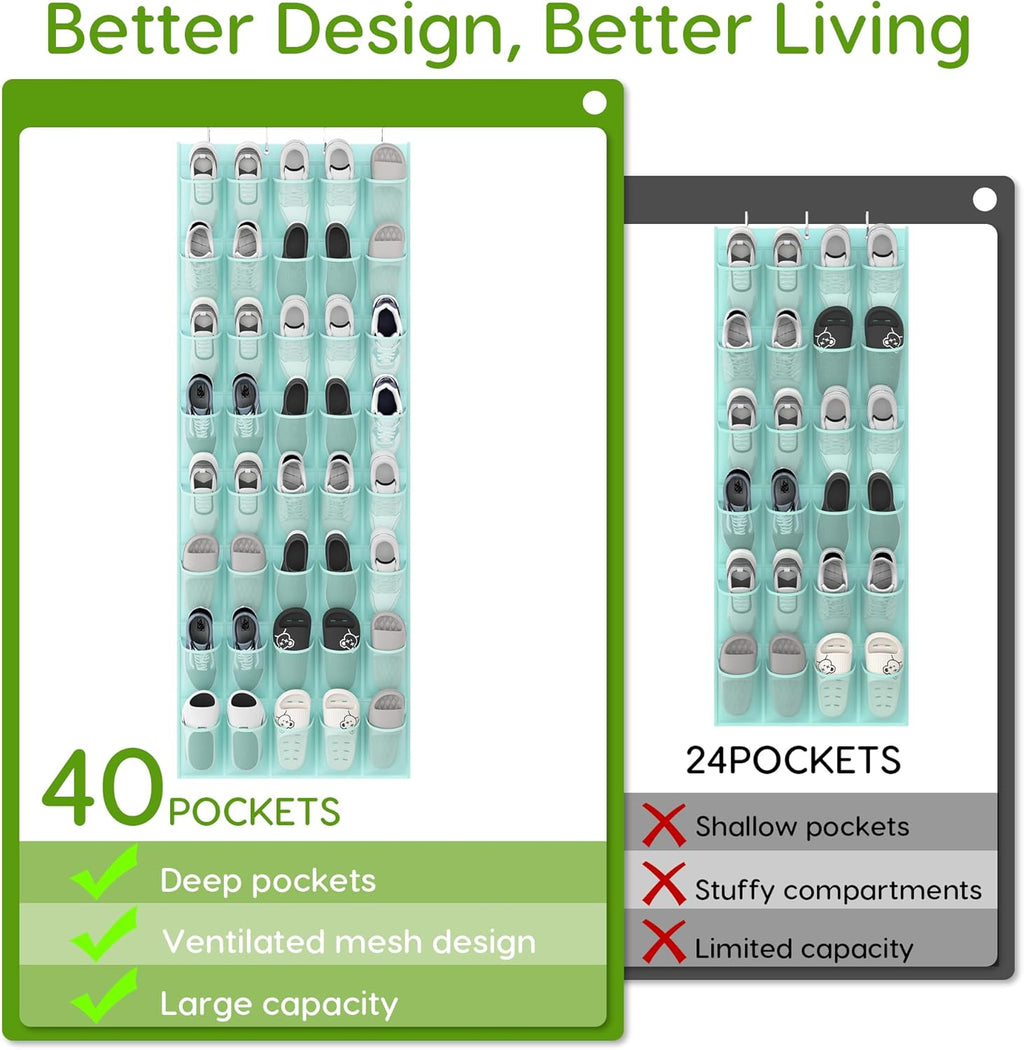 Unjumbly Over the Door Shoe Organizer with 40 Large Breathable Mesh Pockets, Space Saving Shoe Holder, Hanging Shoe Rack for Entryway Bedroom Closet Storage (Mint Blue, 40 Pockets)