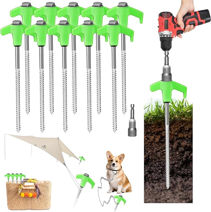 20 Pack 8" Screw in Tent Stakes Heavy Duty- Ground Anchors Screw- Tent Pegs Camping Stakes- Hex Pegs Drillable Tent Stakes and Hexagon Head Drive and Storage Box (Green)