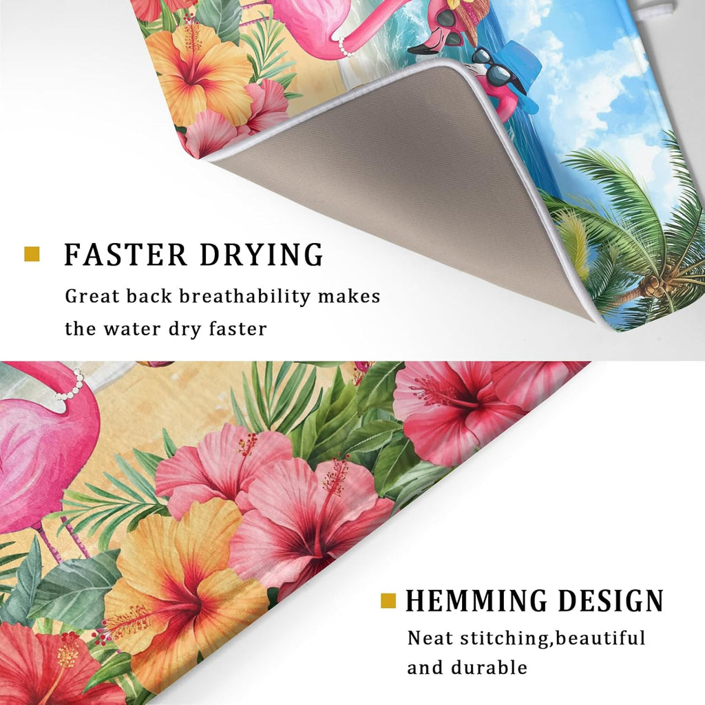 Summer Flamingos Dish Drying Mat 18x24 inch Tropical Beach Microfiber Washable Dish Rack Mats Drainer Pad for Counter Kitchen Table Decor