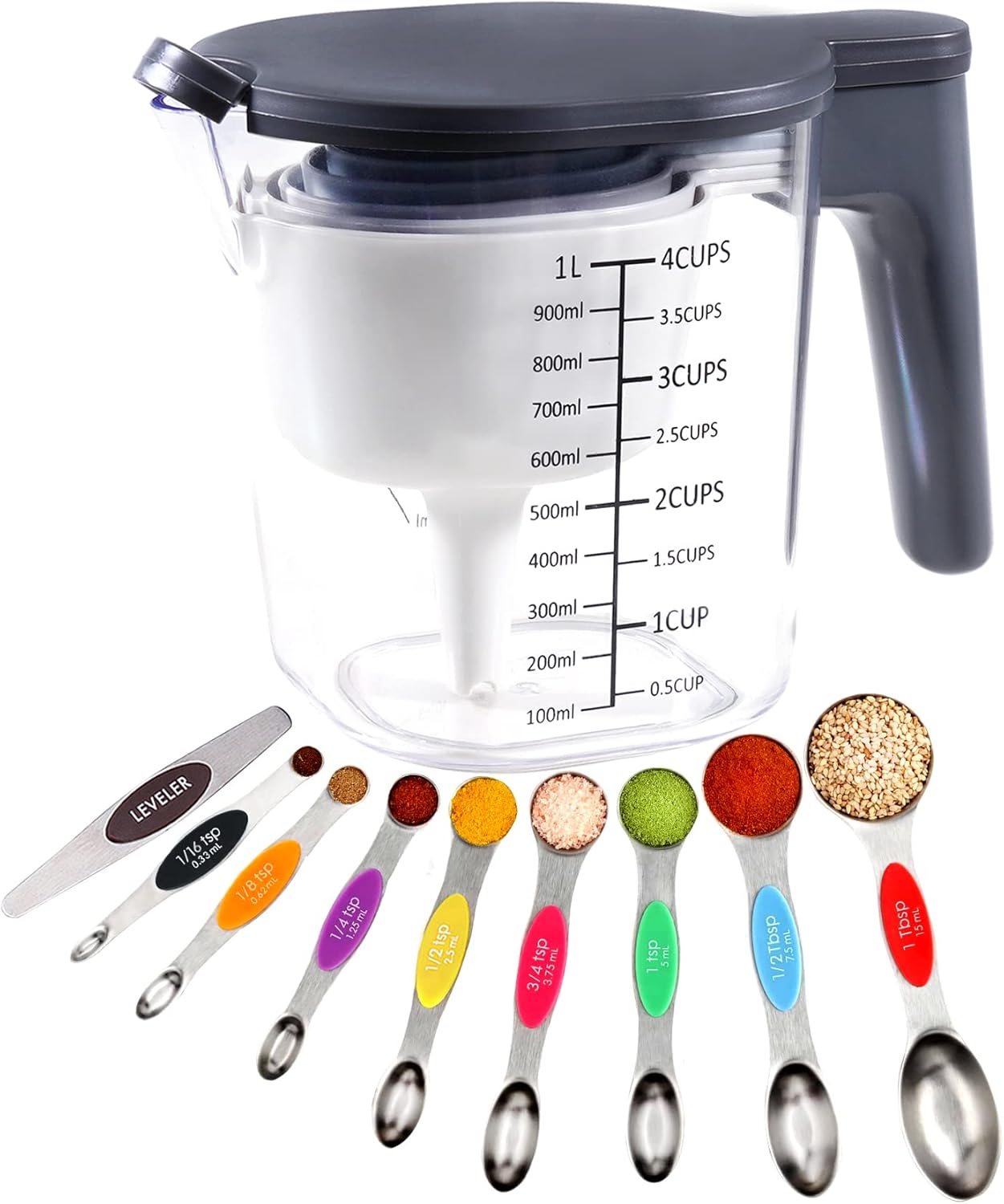 19 Pieces Measuring Cups and Spoons set, Includes 10 Stackable Measuring Cup with Lid and 9 Magnetic Measuring Spoons, BPA Free, Dishwasher Safe (Multicolor)