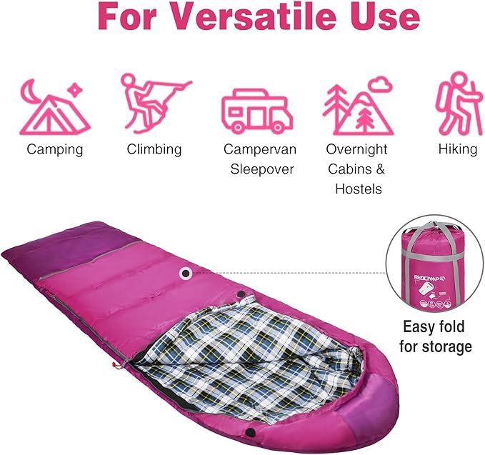 REDCAMP Kids Mummy Sleeping Bag for Camping, 3 Season Cold Weather Sleeping Bag Fit Boys,Girls & Teens, Blue/Rose Red