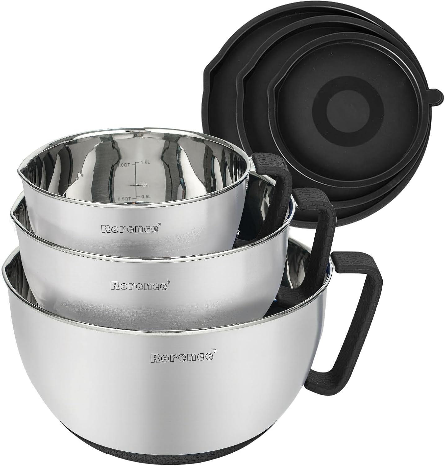 Rorence Stainless Steel Non-Slip Mixing Bowls With Pour Spout, Handle and Lid, Set of 3, Black
