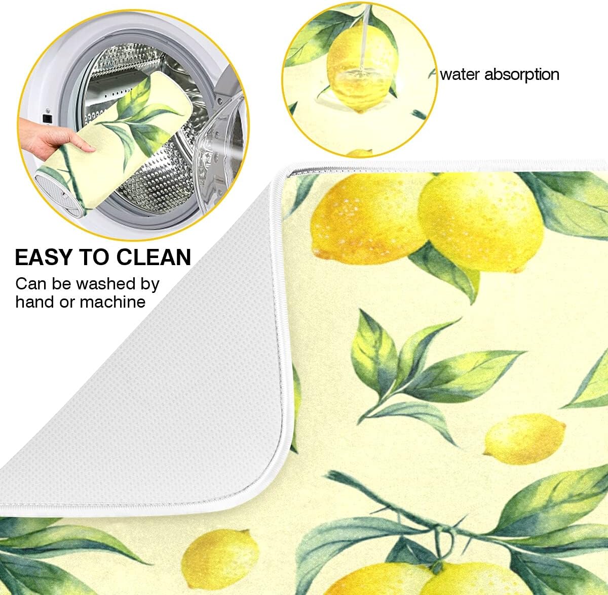 Super Absorbent Dish Drying Mat, Microfiber Fast-Drying Dish Mat, 24" x 18", Kitchen Dish Drying Pad, Vintage Yellow Lemon With Leaves