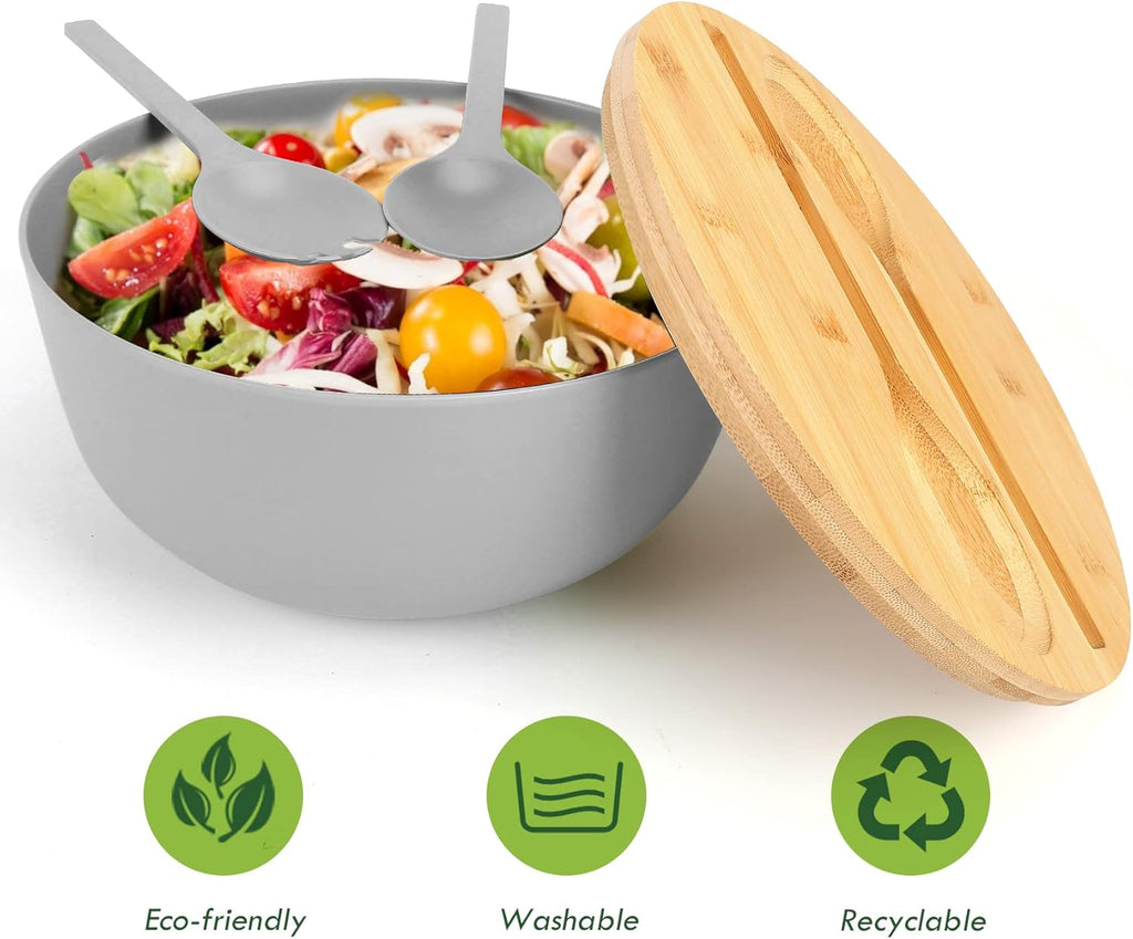 Large Salad Bowl with Lid, Bamboo Fiber Salad Serving Bowl Set with Utensils, 9.8inches Mixing Bowl with Servers, Solid Bamboo Wooden Bowl for Salad, Fruits, Vegetables and Pasta(Gray)