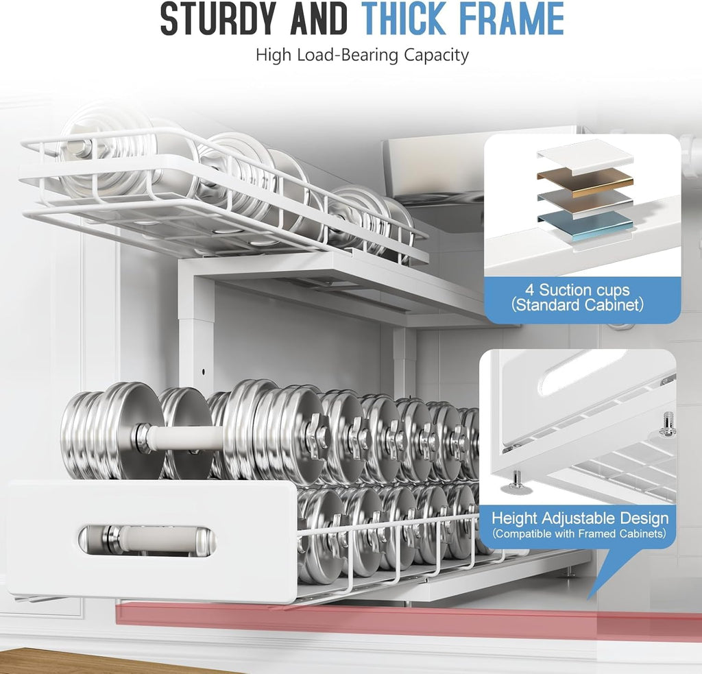 2 Pack 21 IN Depth Pull Out Cabinet Storage With Smooth Rails,2-Tier Dual Pull Out Cabinet Storage For Bathroom Kitchen,Under Sink Shelf-White